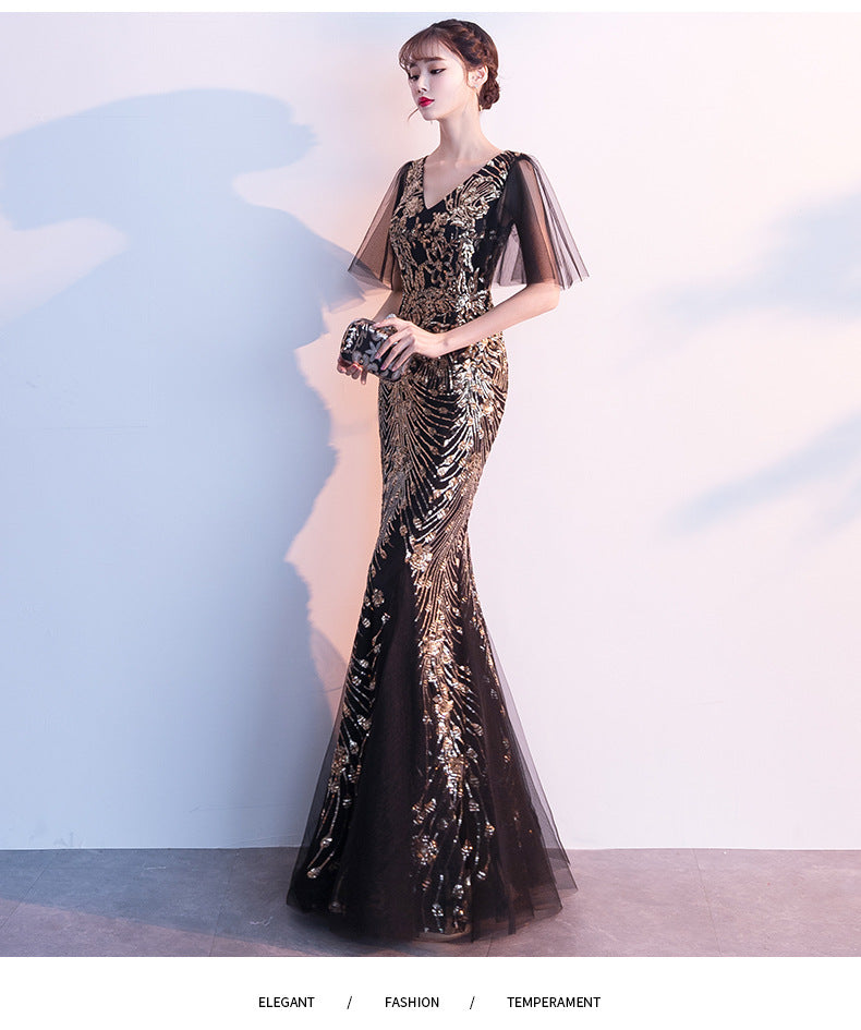 Evening Dress for Women 2024 New Banquet Socialite Gathering Long Style with Medium Sleeves V-neck Black Paillette Host Fishtail