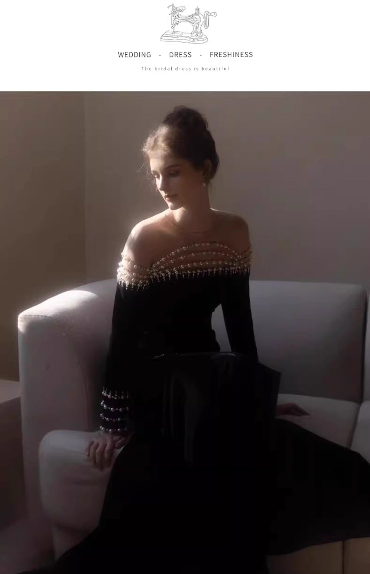 French Style Hepburn Wind Black Evening Dress 2024 New Long-Sleeved Pearl off-Shoulder Fishtail Costume
