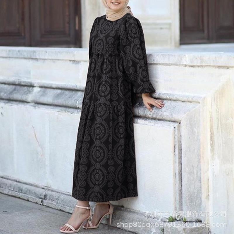 New Muslim Print Pattern round Neck Pullover Loose Casual Dress