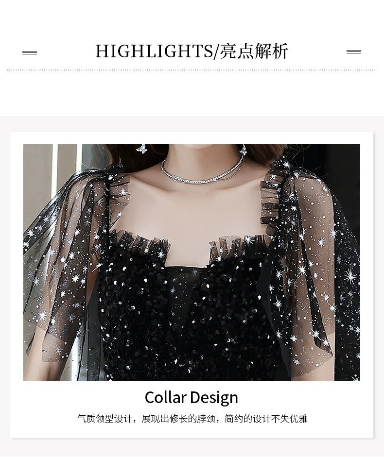 Black Evening Dress Women's High Sense Host Banquet 2024 New Autumn High-End Temperament Light Luxury Minority