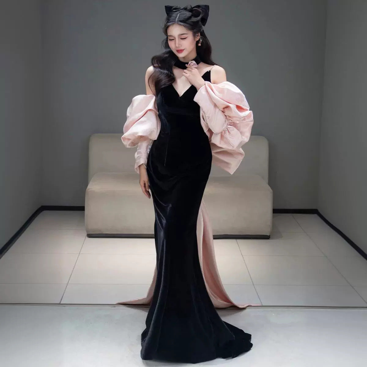 Black Evening Dress Women's High-Grade Bride Toasting Party Dress 2024 New Light Luxury Velvet Host Fishtail Dress