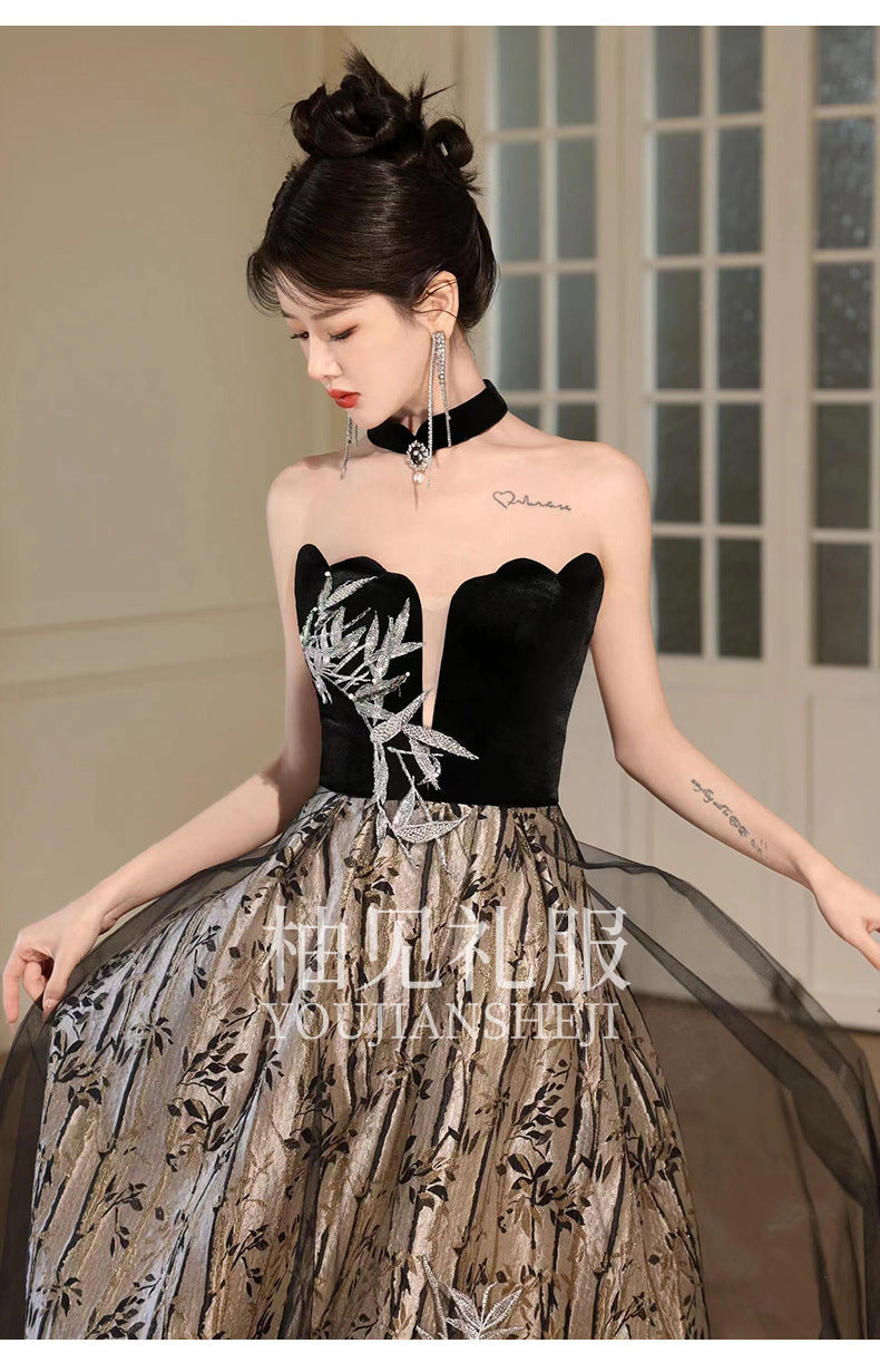 Tube Top Toast Dress Black New Chinese Style Morning Gowns Women's Bride Engagement Dress Banquet Temperament Host Evening Dress