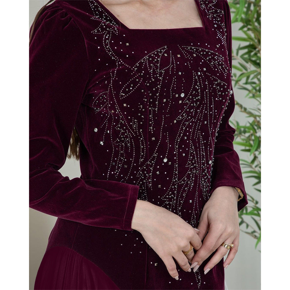 Xqy500222 Dubai Arabic Muslim Korean Velvet Chiffon Stitching Rhinestone Evening Dress Jalabia Women's Dress