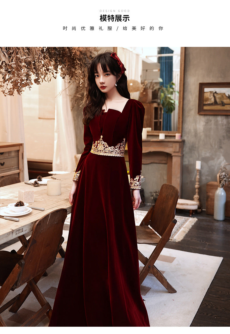 Wedding Toast Dress 2024 New Velvet Wine Red Long Bride Long Evening Dress Autumn Elegant Toast