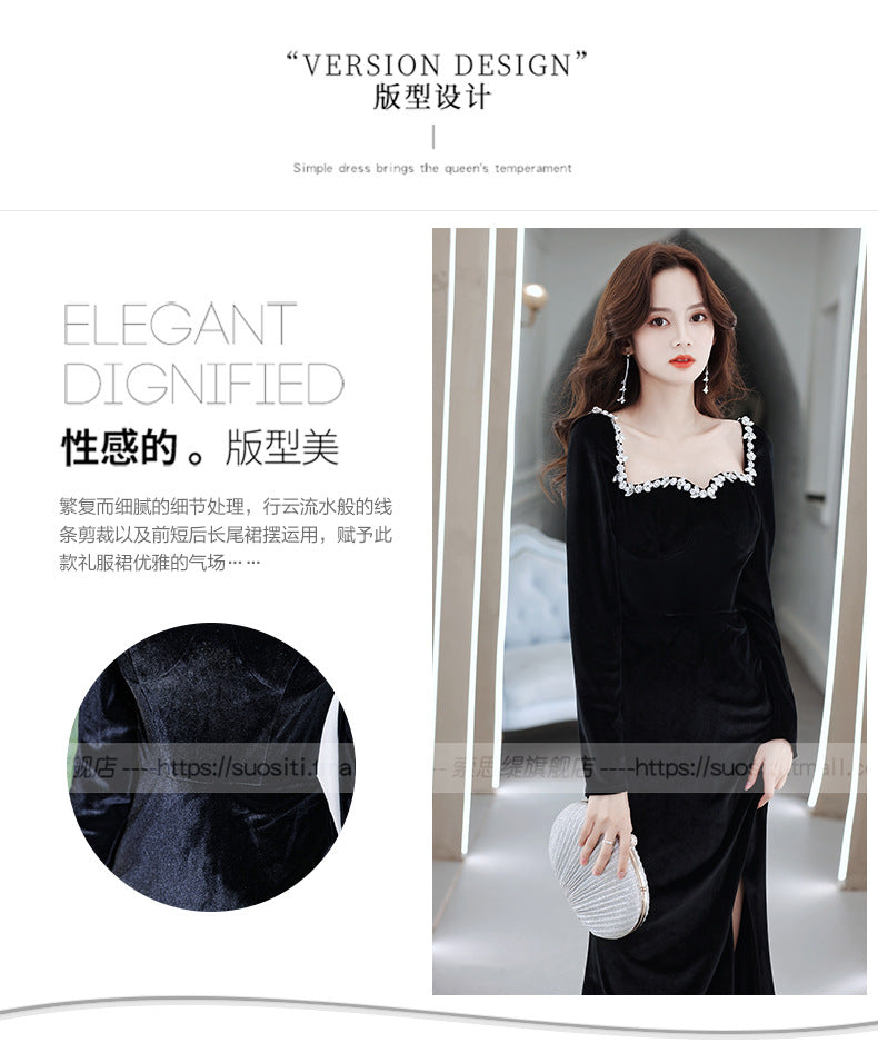 Black Evening Dress 2024 New Banquet Temperament Long Slim Fishtail Split Velvet Socialite Host's Dress