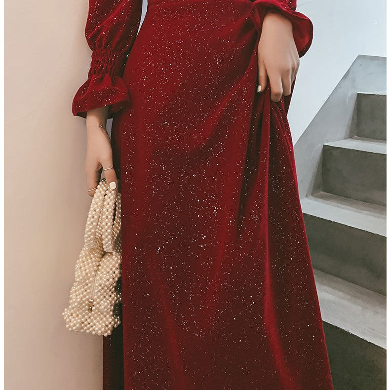 Bridal Red Party Marriage Engagement Formal Dress Long Sleeve Satin Square Collar Shiny Maxi Dress H2992p