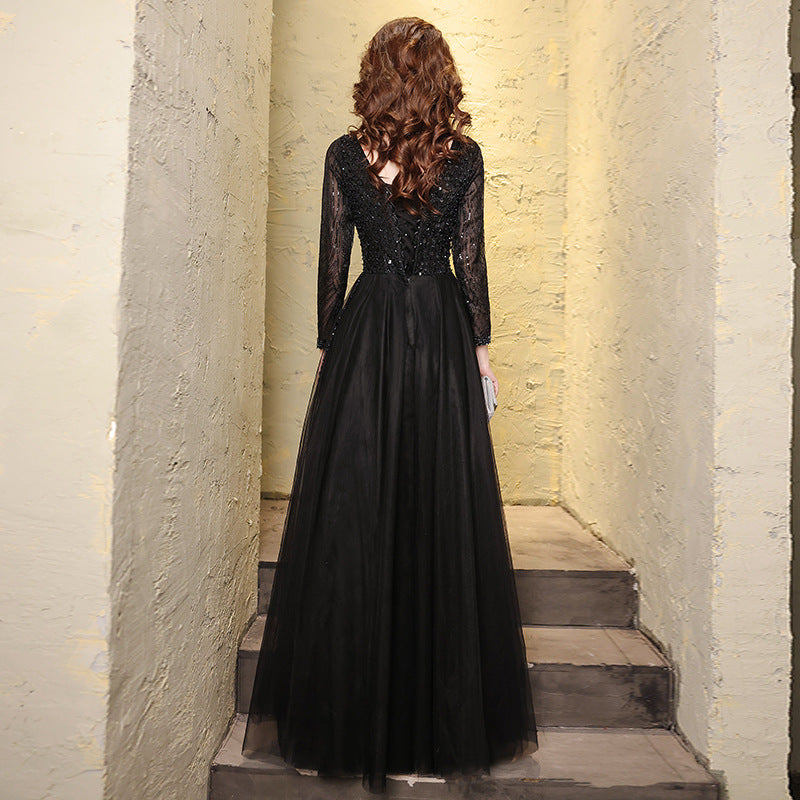 Black Evening Dress Female 2024 Autumn New Master Host Art Exam Dress Choral Performance Long Dress