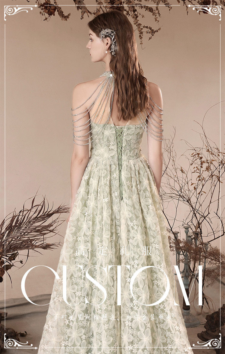 Halter Evening Dress 2024 New Printed Lace Toast Dress Bride Marriage Engagement Long Dress Elegant Slimming Green