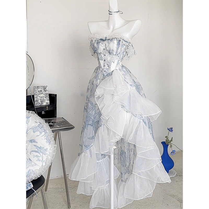 French Blue Floral Strapless Dress Women's Summer Princess Vintage Vintage Lolita Dress