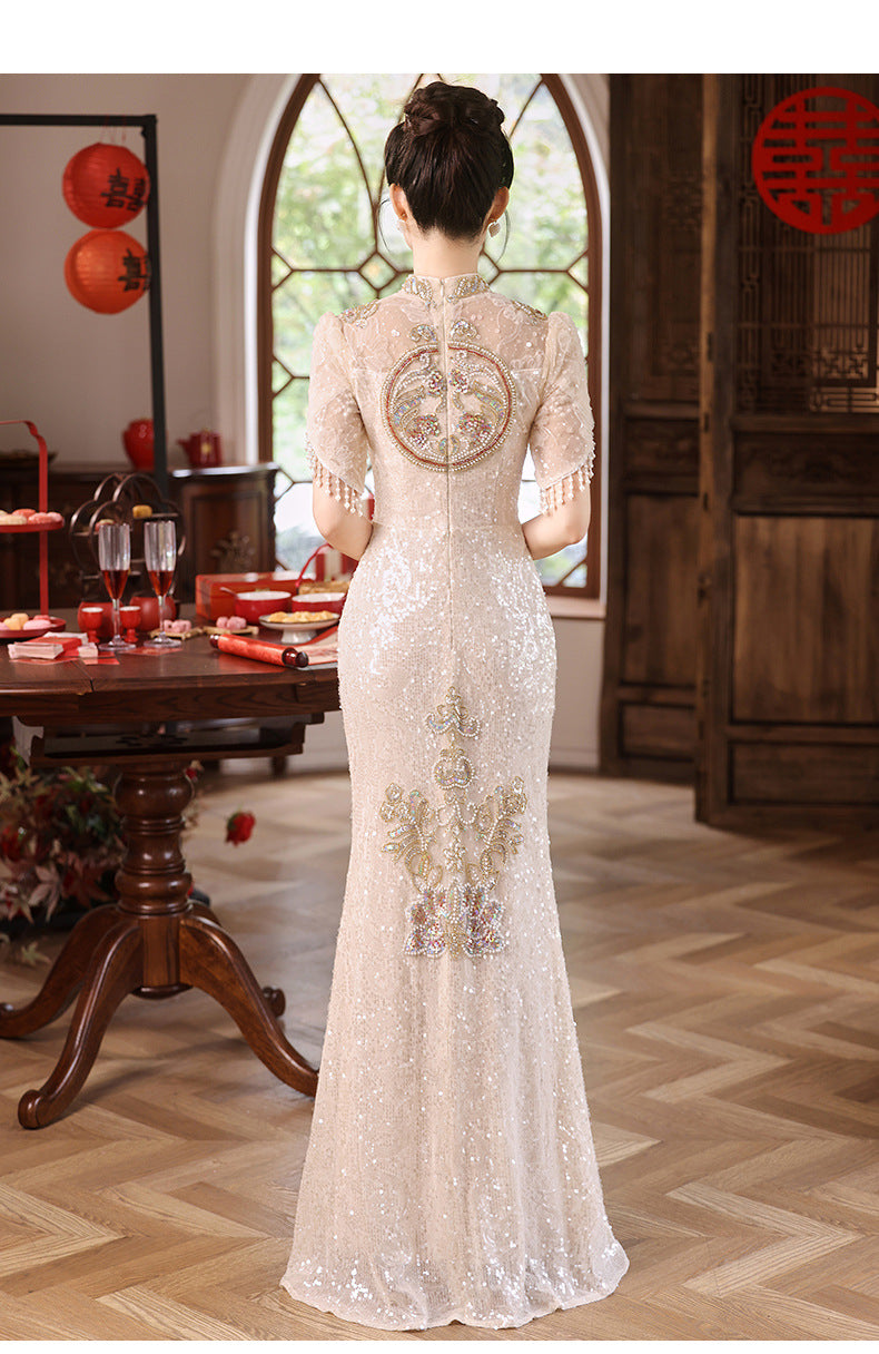 New Chinese Evening Dress Light Luxury High-End Toast Dress Bride Bride Outfit Champagne Cheongsam Engagement Dress Spring