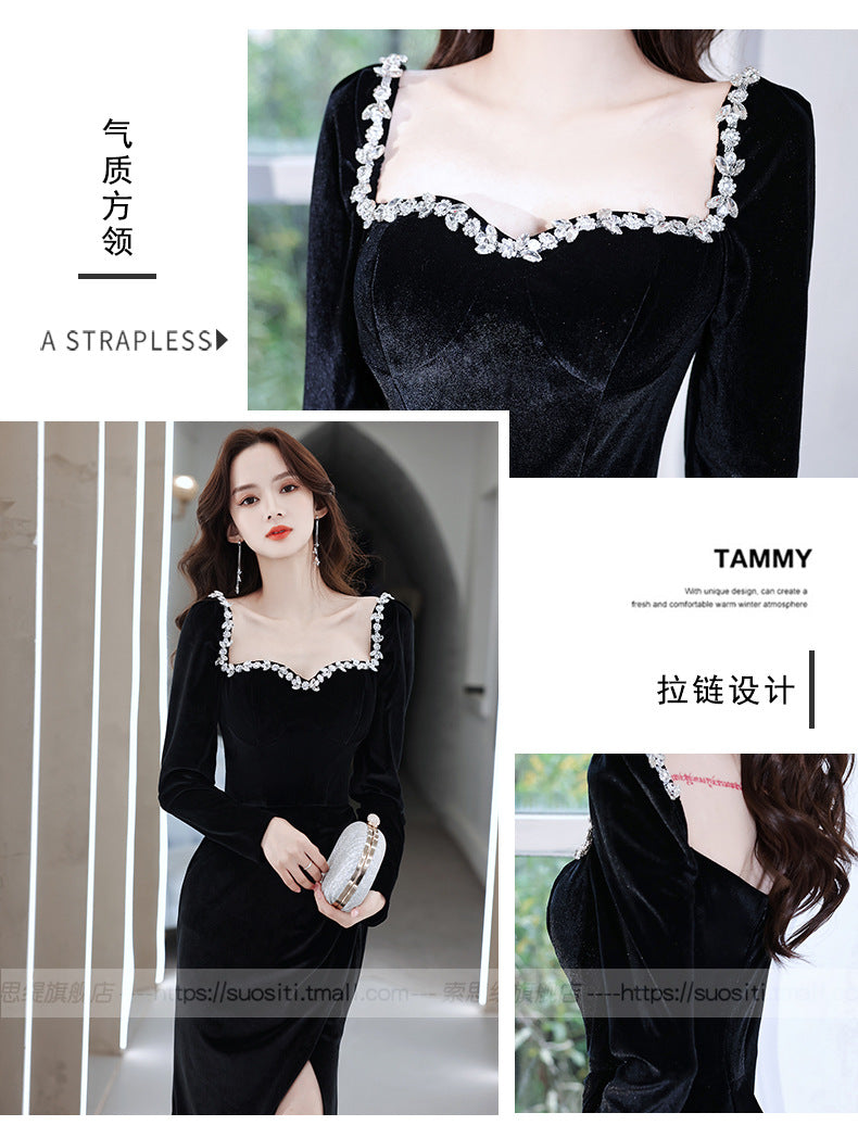 Black Evening Dress 2024 New Banquet Temperament Long Slim Fishtail Split Velvet Socialite Host's Dress