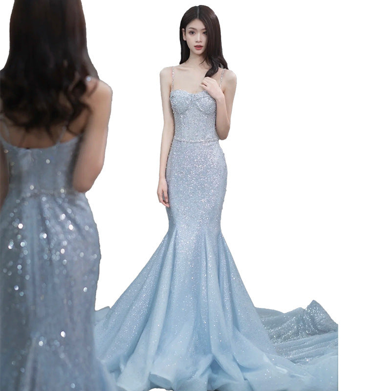 Fishtail Evening Dress High-Grade Model Catwalk Student Art Exam Toast Dress Bride Super Fairy Blue French Strap
