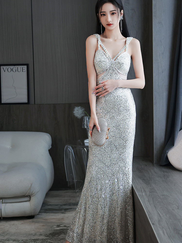Silver Suspender Evening Dress Bridesmaid Dress Toast Dress V-neck Slimming Dress Banquet Sheath Dress Long Dress