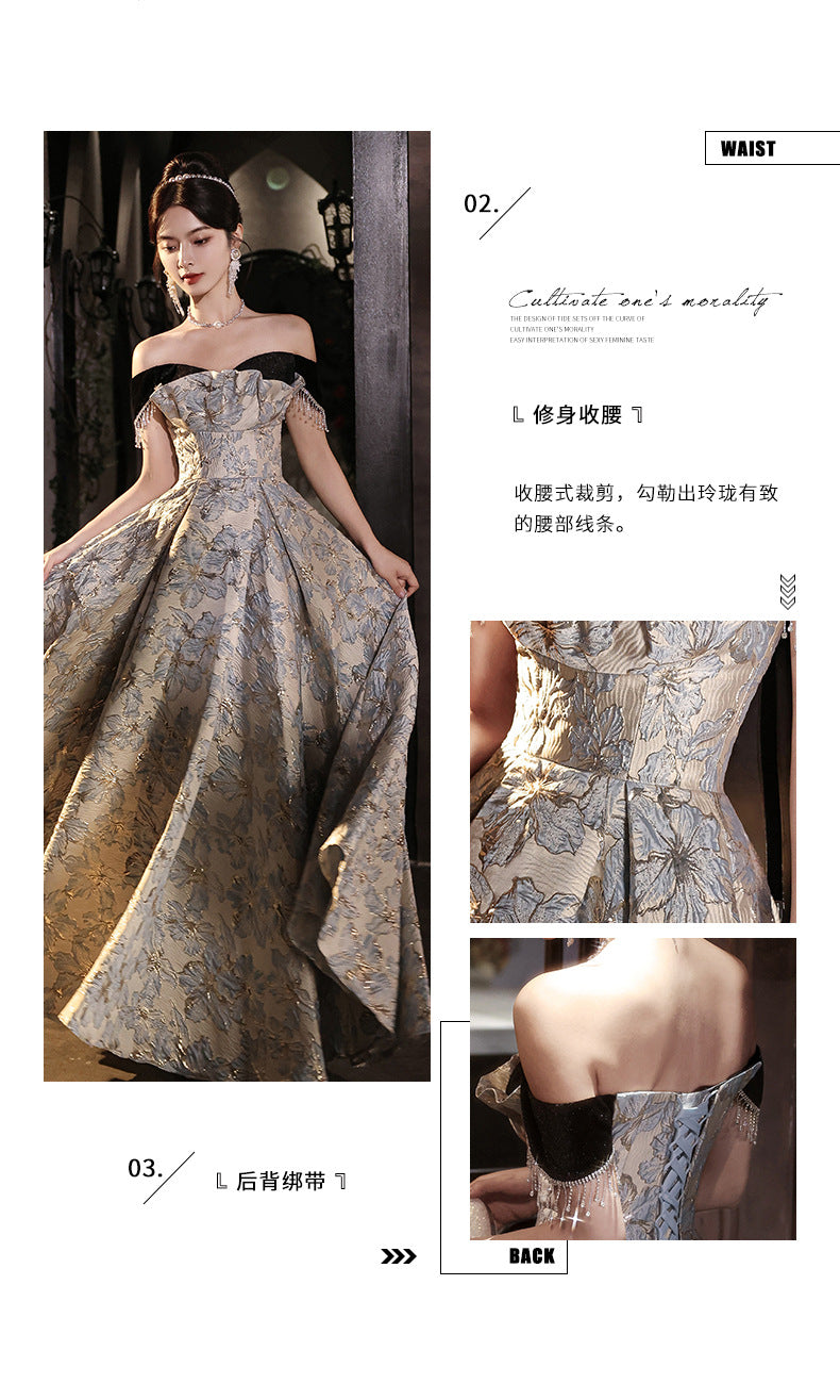 off-Shoulder Banquet Evening Dress Dress Female Gao Ding French Entry Lux Niche High-End Temperament Senior Sense Host Adult Ceremony