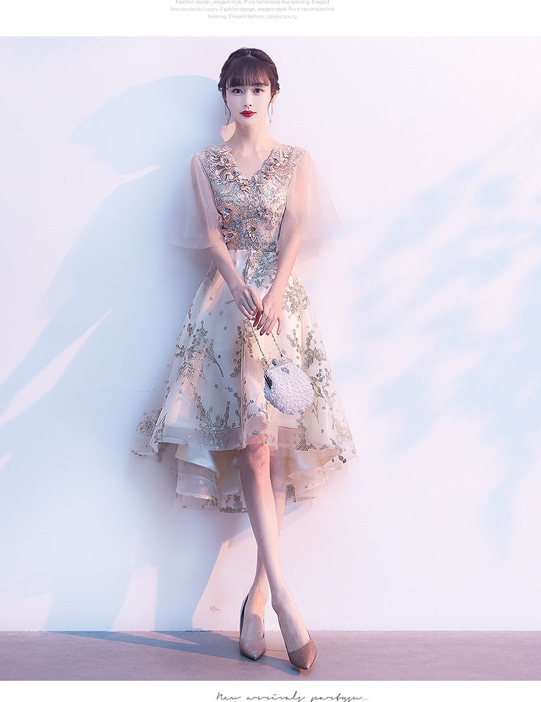 Evening Dress for Women Banquet Temperament Fairy Light Luxury Minority High-End Host Short Front Short Back Length Dress