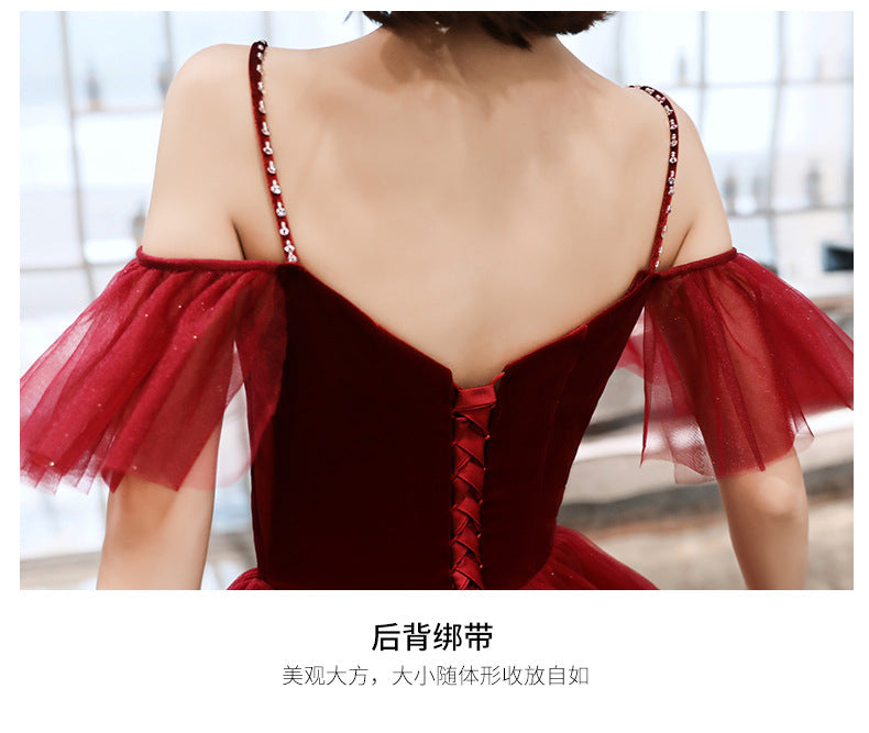 Toast Dress Bride Wine Red Dress Slimming Temperament 2022 New Banquet Strap Handmade Marriage Engagement Dress