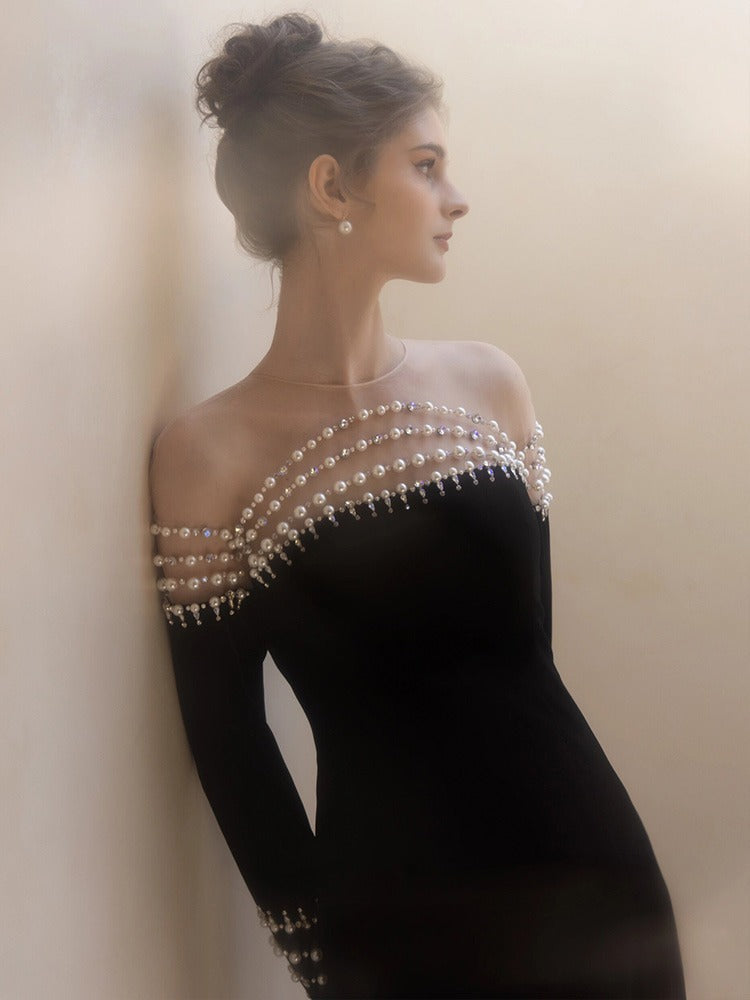 French Style Hepburn Wind Black Evening Dress 2024 New Long-Sleeved Pearl off-Shoulder Fishtail Costume