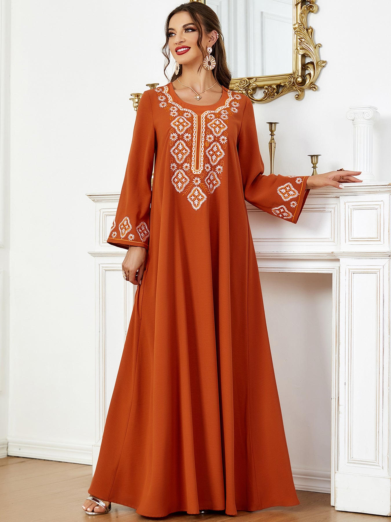 3567 Muslim Women's Wear Solid Color Embroidery Muslim Middle East Women's Clothing Arab Dress Long Sleeve Dress