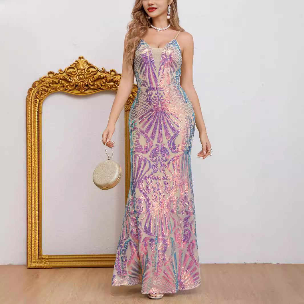 2024 Foreign Trade New Product Positioning Flower Sequin Evening Dress Women's New Super Heavy Work Sequined Temperament Queen Fishtail Skirt