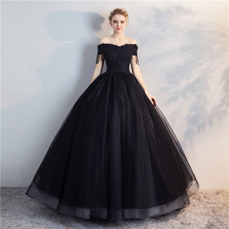 New Evening Dress 2024 New Black off-Shoulder Solo Host Performance Pettiskirt Long Women's Studio