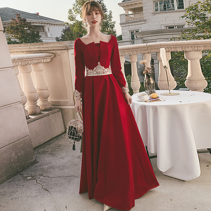 Toast Dress Bride 2024 New Autumn Velvet Long-Sleeved Red Back-to-Door Dinner Dress Marriage Engagement Toast