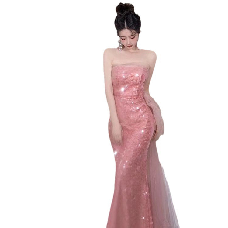 Evening Dress Dinner Ball Dresses Pink Sequin Lace French Style Pink Dress Elegant Fishtail H129