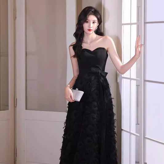 Black Tube Top Evening Dress for Women 2024 New Banquet Temperament Host Long Dress Student Art Exam 18-Year-Old Dress Autumn