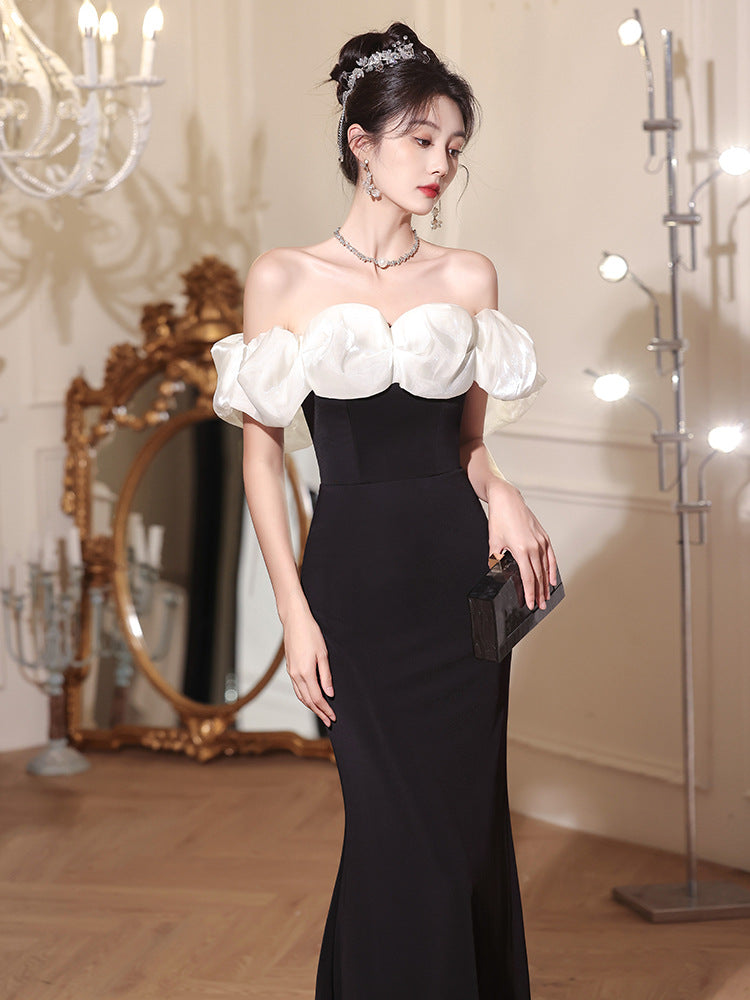 Beautiful off-Shoulder Evening Dress for Women 2024 New High-Grade Light Luxury Minority Banquet Host Elegant Fishtail Dress