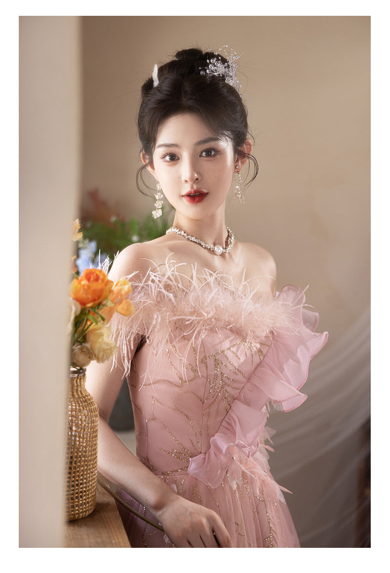 off-Shoulder Evening Dress Female Banquet Temperament Socialite High-End Affordable Luxury Niche Host Engagement High-Grade Pink