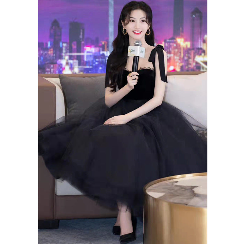 Birthday Party Formal Dress Women's 2024 Summer New Black Banquet Sling Fairy Graduation Host Simple Dress