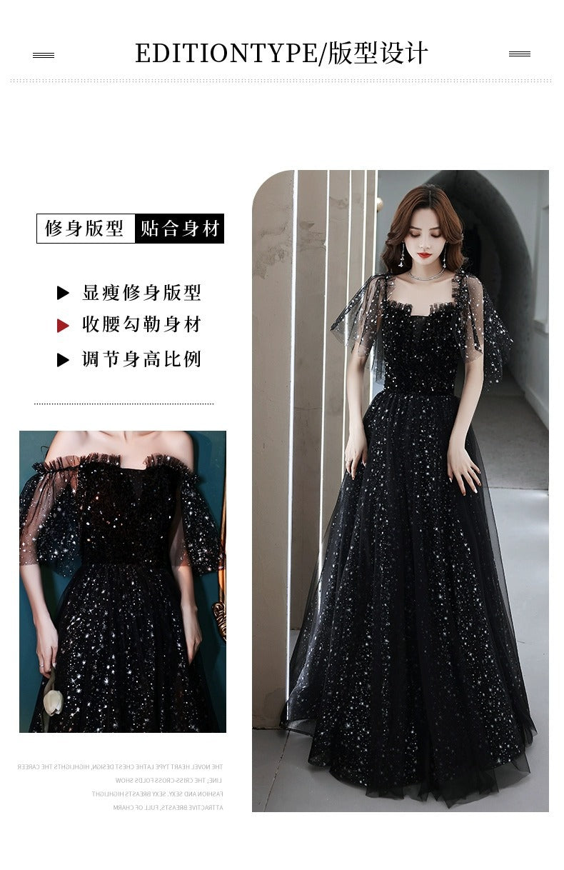 Black Evening Dress Women's High Sense Host Banquet 2024 New Autumn High-End Temperament Light Luxury Minority