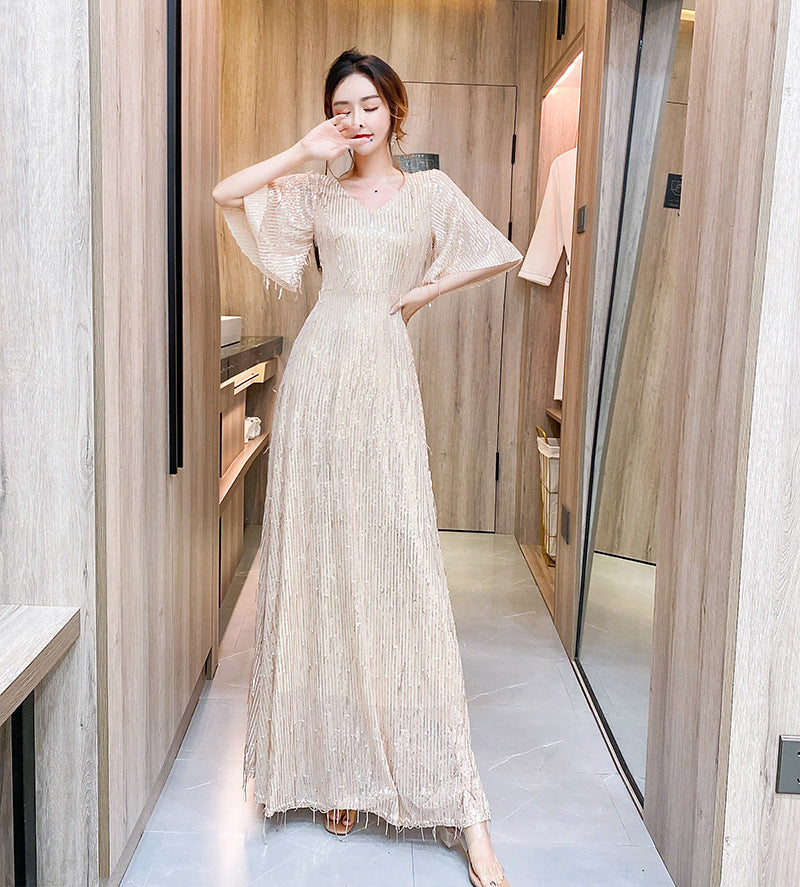 Starry Evening Dress Dignified Temperament Bride Toast Dress V-neck Flared Sleeves Sequined Tassel Slimming Long Dress Women