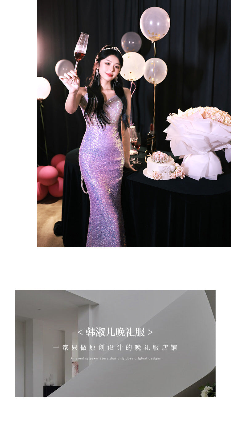 High Sense Banquet Temperament Light Luxury Minority Host Adult Lady like Woman Temperament Sexy Waist Trimming Sheath Fishtail Evening Dress