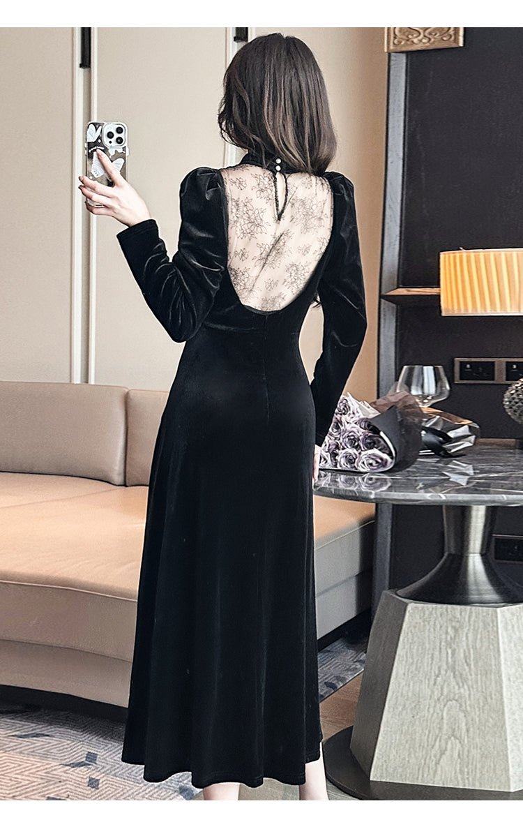 2023 Autumn and Winter Annual Party Party Dress Skirt ~ French Style Hepburn Elegant Half Turtleneck Lace Stitching Velvet Dress