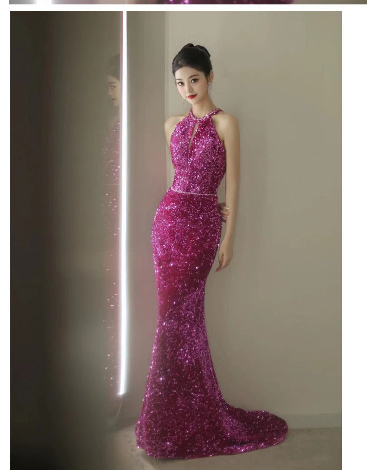 Dragon Fruit Dinner Dress 2024 New Sequined Fishtail Bridal Wedding Toast Backless Party Evening Dress