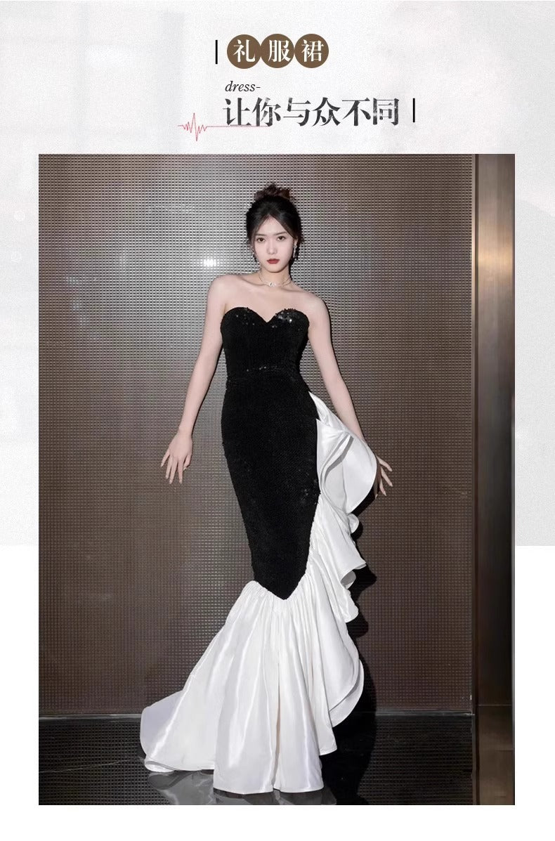 Black Paillette Evening Dress for Women High-End Affordable Luxury Niche Graduation Adult Ceremony Tube Top High-Grade Sense Bridal Party Fishtail Skirt