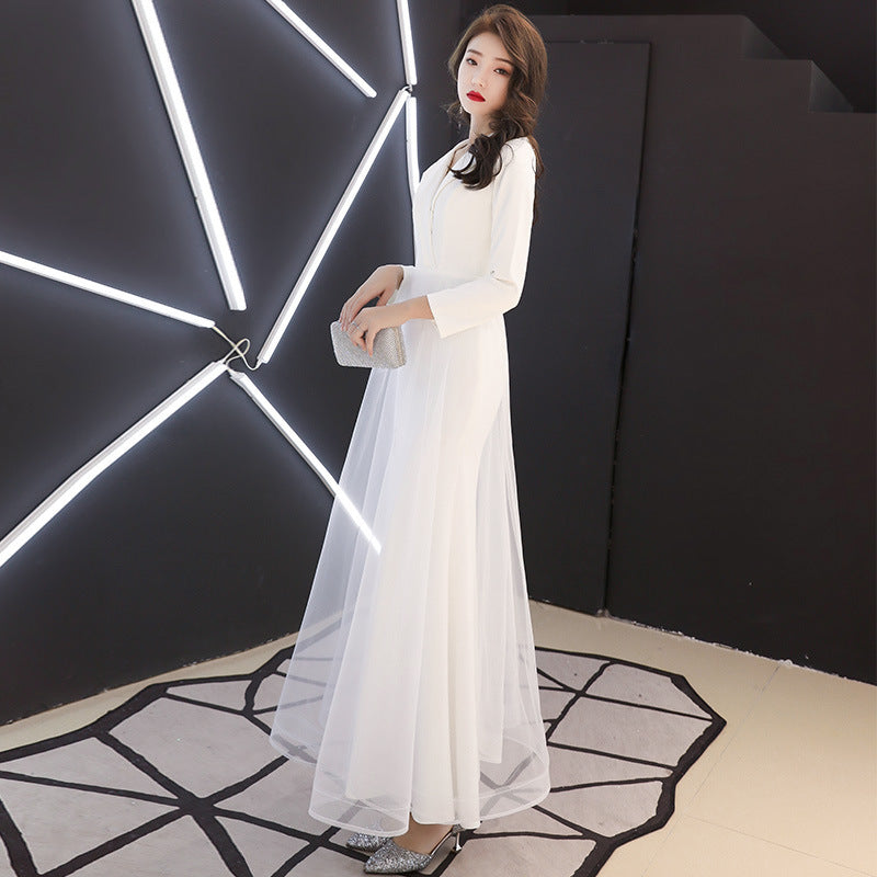 White Evening Dress Women's Long-Sleeved Annual Meeting Host Fishtail Dinner Dress 2024 New Socialite Long Temperament Slimming