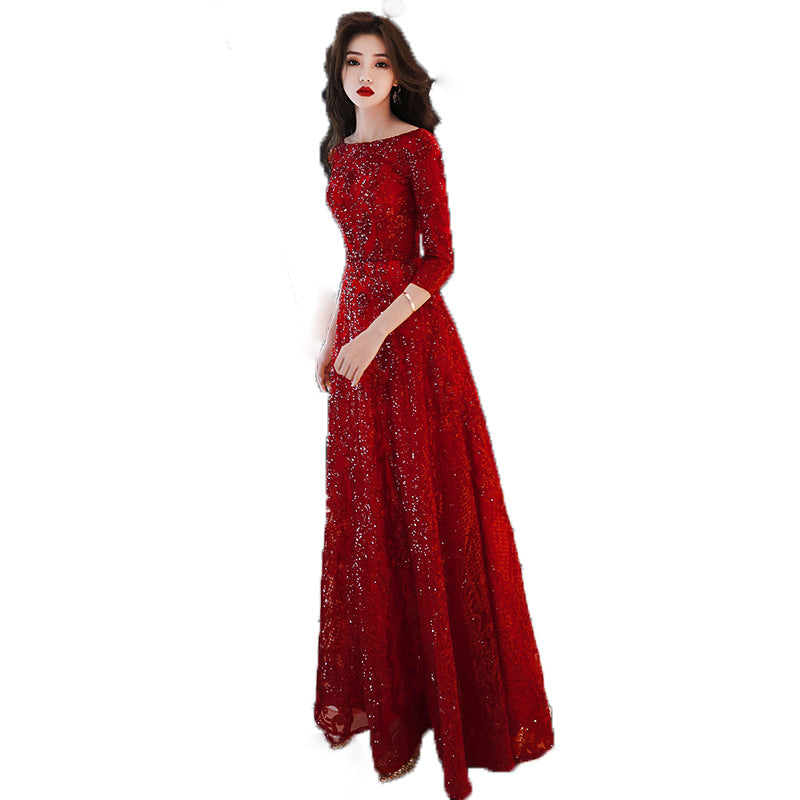 Bridal Toast Clothing 2024 Summer New Wine Red Marriage Engagement Back-to-Door Long Dinner Chinese Style Toast Dress