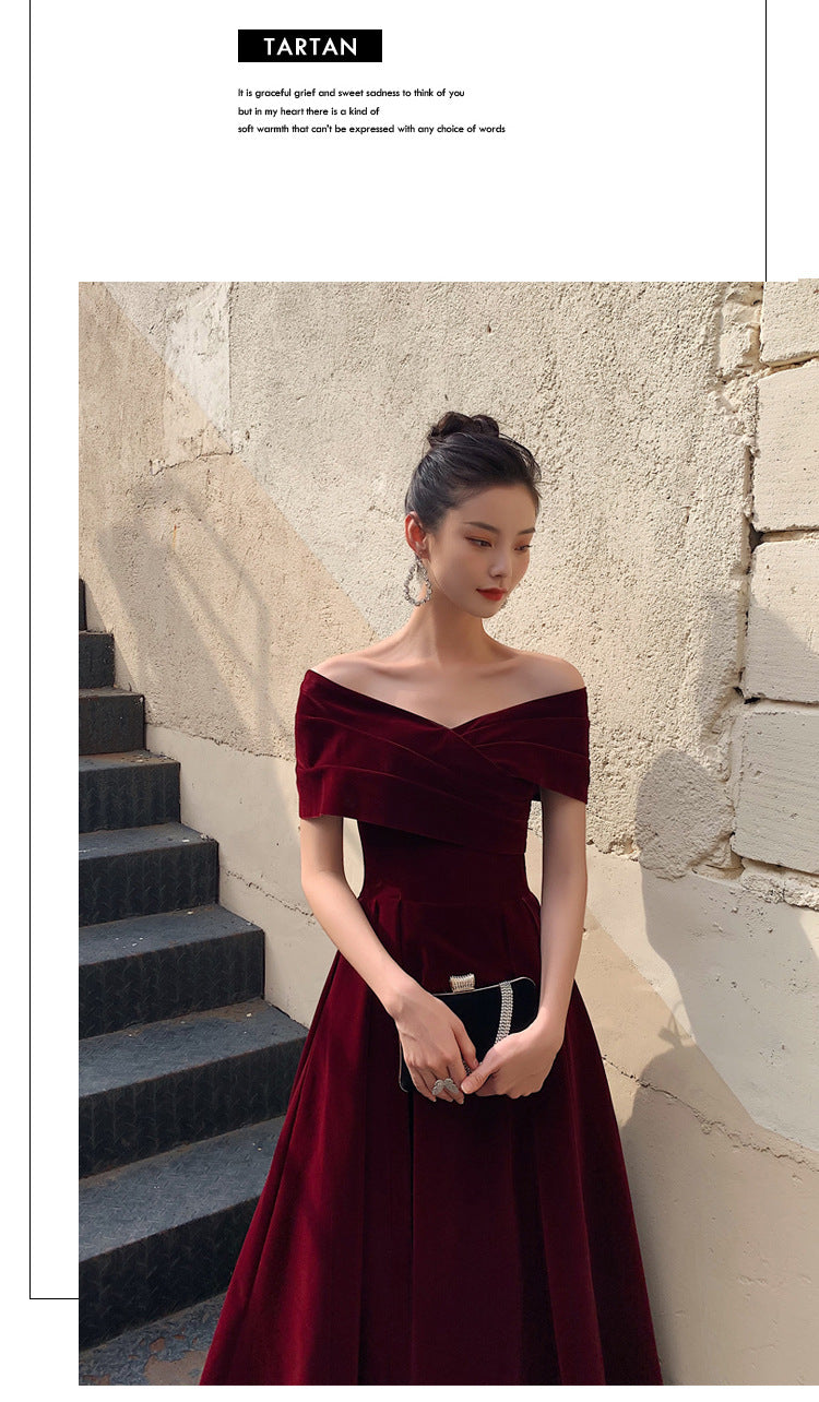 Bridal Toast Clothing Velvet 2024 New High-Grade off-Shoulder Banquet Temperament Engagement License Host Evening Dress