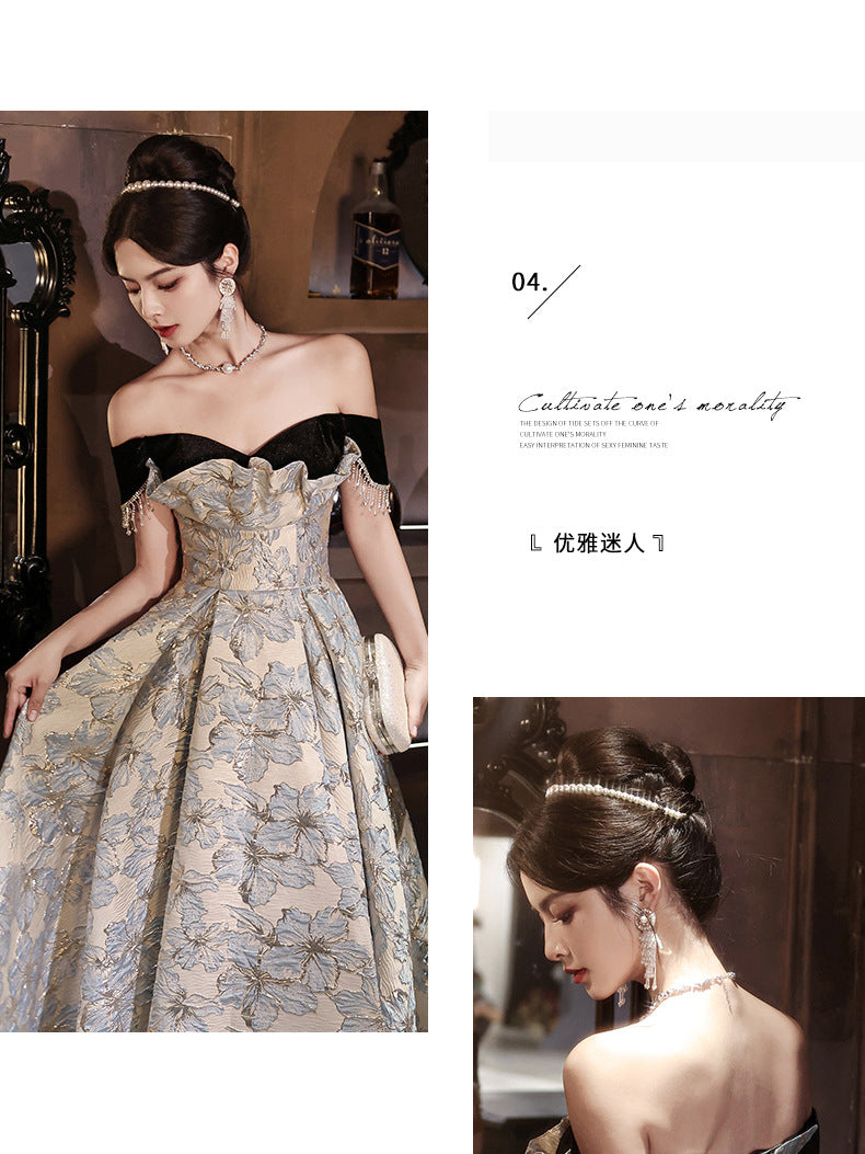 off-Shoulder Banquet Evening Dress Dress Female Gao Ding French Entry Lux Niche High-End Temperament Senior Sense Host Adult Ceremony