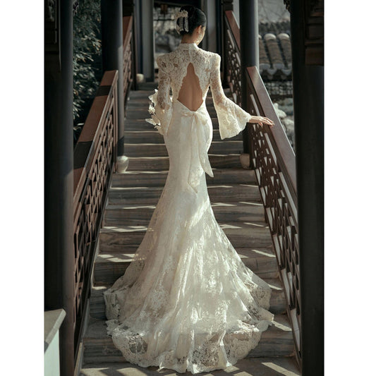 Light Wedding Dress French Trip Shoot Simple White Slimming Lace Fishtail Small Tail Retro 2024 New Welcome Dress