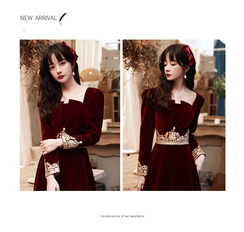 Wedding Toast Dress 2024 New Velvet Wine Red Long Bride Long Evening Dress Autumn Elegant Toast