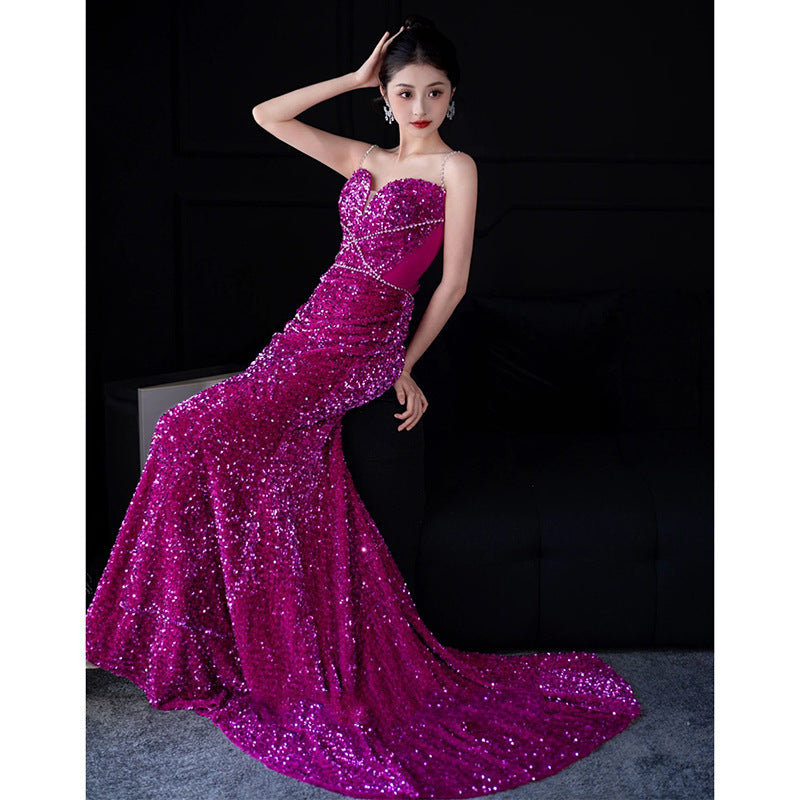 French Style Fishtail Toast Dress Bride High-Grade Sequined Evening Dress Morning Gowns Strap Engagement Dress Banquet Host Women