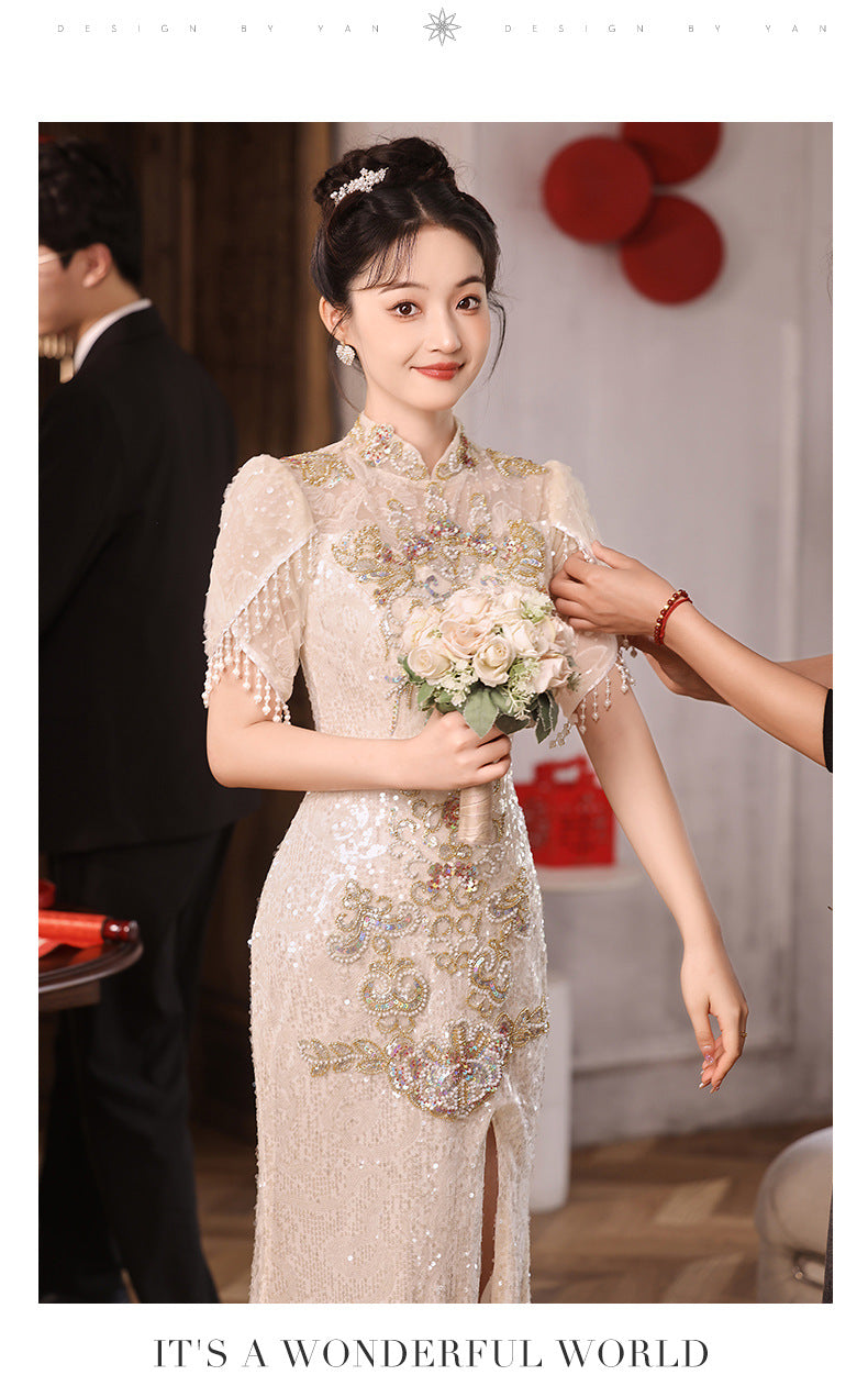 New Chinese Evening Dress Light Luxury High-End Toast Dress Bride Bride Outfit Champagne Cheongsam Engagement Dress Spring