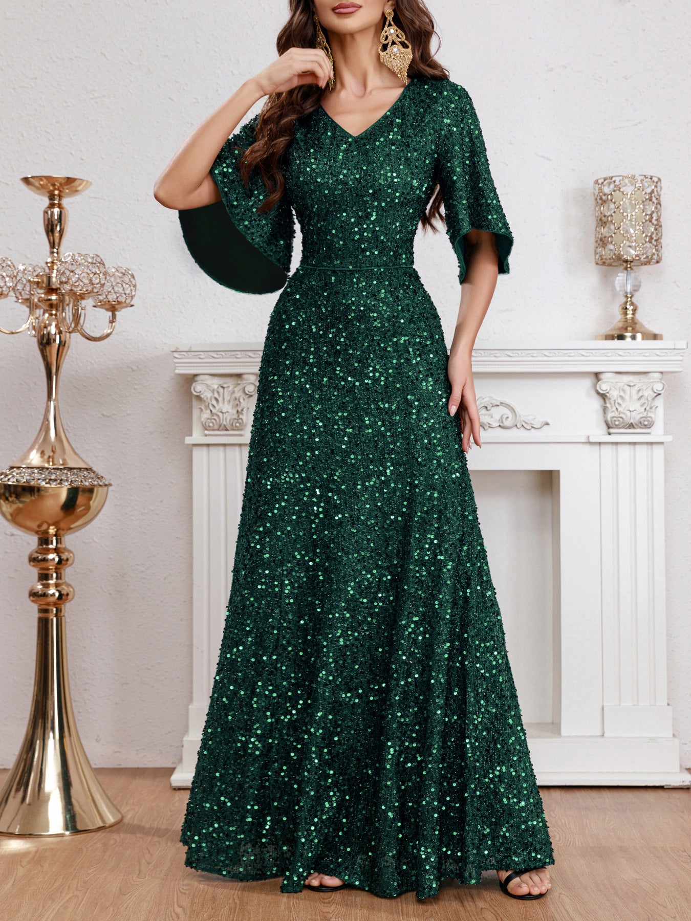 2024 Spring and Summer Cross-Border Independent Station New Fashion V-neck Sequins European and American Style Dress Mid-Waist Short-Sleeved Evening Dress