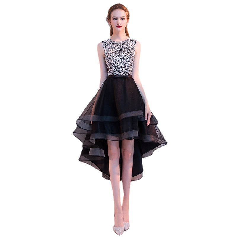 Black Evening Dress Women's New Banquet Noble Performance Front Short Back Long Host round Neck Sequins Small Dress Stage