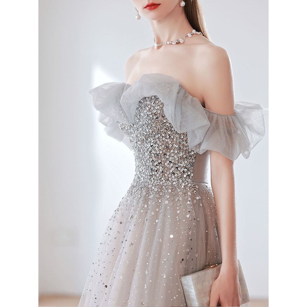 Temperament Banquet Evening Dress for Women 2024 New Autumn Bridal off-Shoulder Gray Elegant Dress for Host