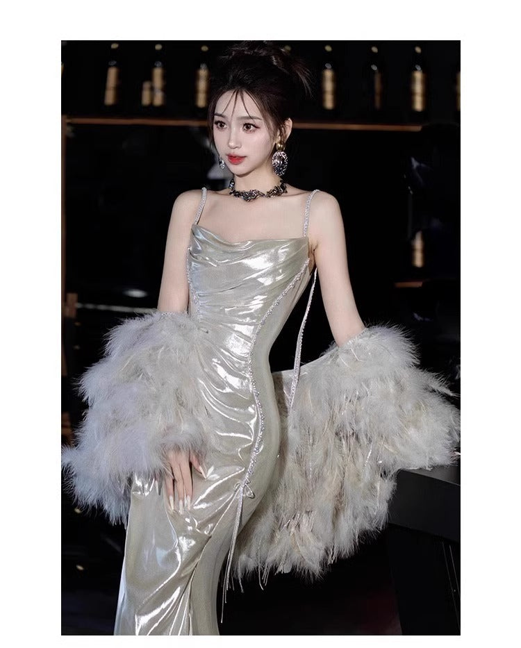 Silver Shiny Evening Dress Morning Gowns 2024 New High-End Sense Light Luxury Minority Birthday Party Sling Toast Dress