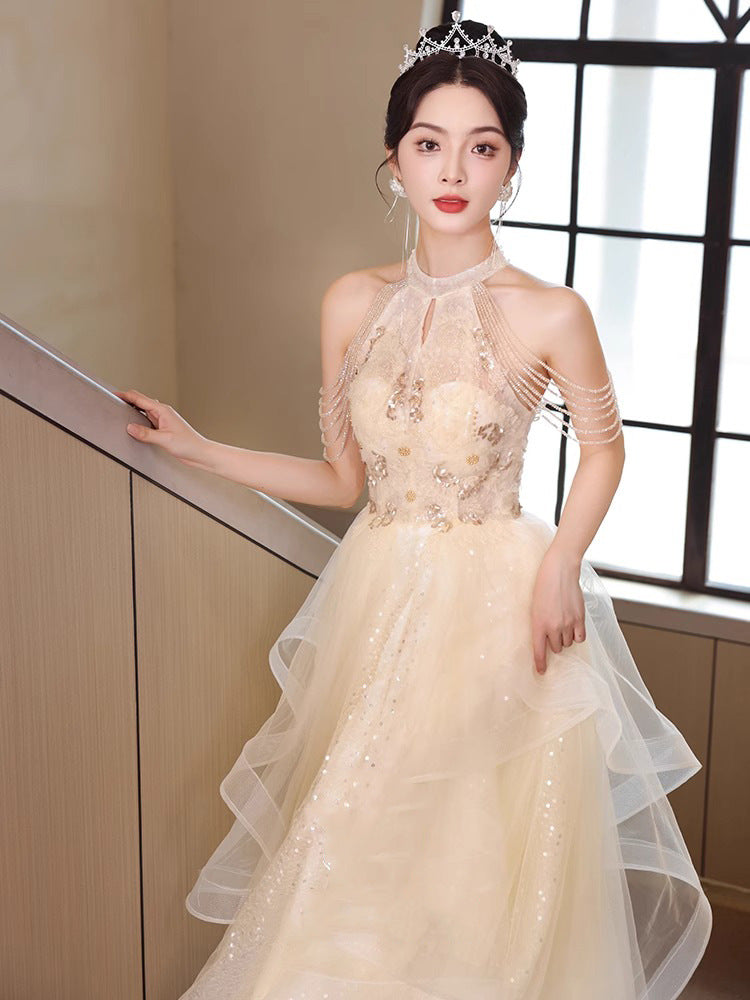 Champagne Halter Evening Dress 2024 New Toast Dress Morning Gowns Female Bride Engagement Dress Fairy Socialite Style