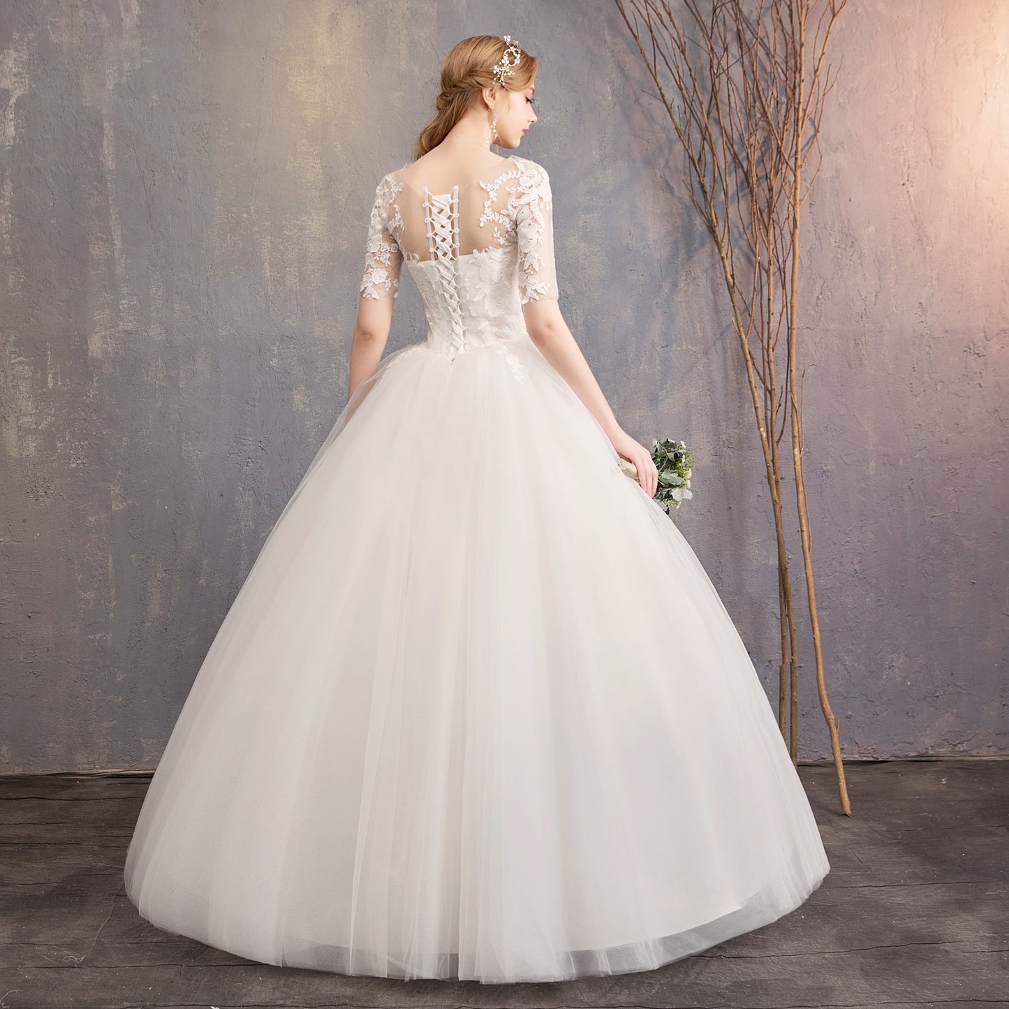 Wholesale Primary Wedding Dress 2024 New off-Shoulder Half Sleeve Floor-Length Simple Lightweight Wedding Dress French Retro Female Manufacturer